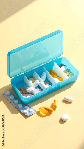 Wallpaper Mural Pill organizer box filled with medicines with pills scattered around, and blister pack, under sun light on yellow surface Torontodigital.ca