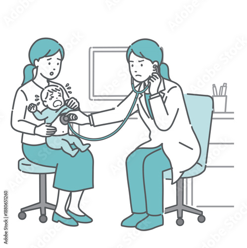 聴診を受ける泣いている赤ちゃんと深刻な表情の白衣の女性医師のイラスト
