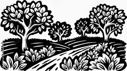 Black and white vector illustration of a countryside orchard with trees and plants