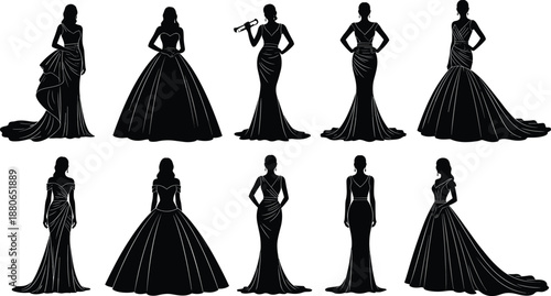 Elegant evening gown silhouettes collection, women fashion dress icons, long formal dresses, bridal prom couture styles isolated white background vector
