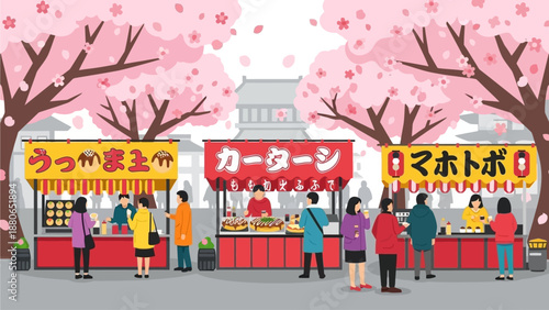 This lively flat design illustration depicts a bustling street food scene at a Japanese cherry blossom festival, with colorful stalls set against a backdrop of blooming sakura