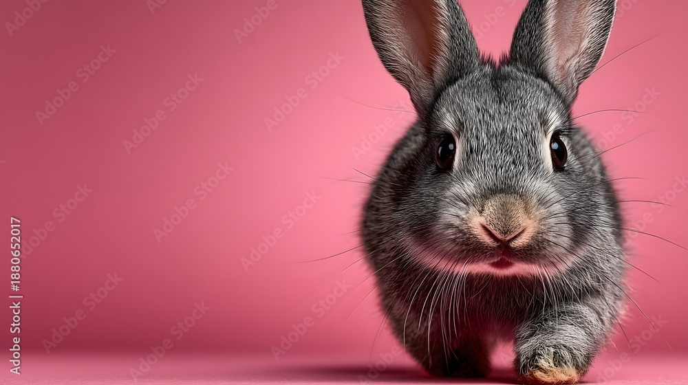 Fototapeta premium Adorable Gray Rabbit Running Towards Camera on Pink Background