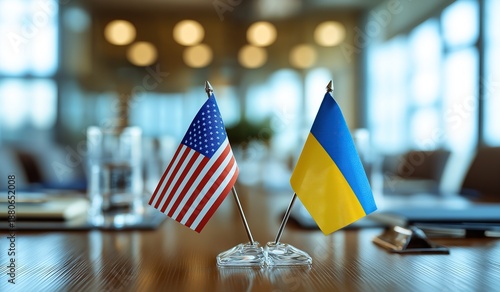 Ukraine and USA Flags at Formal Dinner Table Diplomacy and Partnership