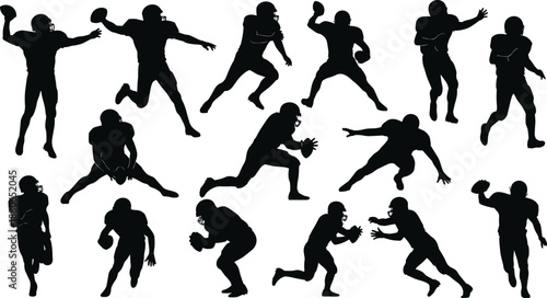 American football player silhouettes collection, action poses throwing running catching, sports athlete figures isolated white background vector illustration design set