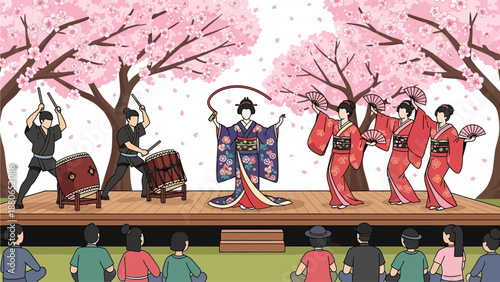 This vibrant flat design illustration showcases a traditional Japanese cultural performance, such as music or dance, set against the beautiful backdrop of blooming cherry blossoms