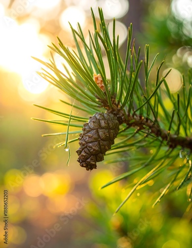 Wallpaper Mural Pinecone hangs from a tree branch as warm, golden light filters through the forest in the background Torontodigital.ca