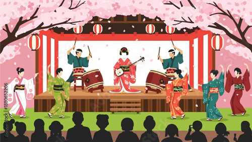 This vibrant flat design illustration showcases a traditional Japanese cultural performance, such as music or dance, set against the beautiful backdrop of blooming cherry blossoms