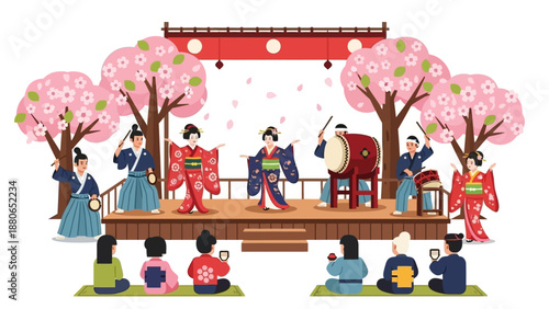 This vibrant flat design illustration showcases a traditional Japanese cultural performance, such as music or dance, set against the beautiful backdrop of blooming cherry blossoms