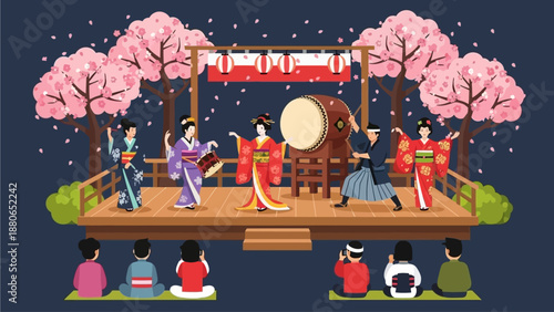 This vibrant flat design illustration showcases a traditional Japanese cultural performance, such as music or dance, set against the beautiful backdrop of blooming cherry blossoms