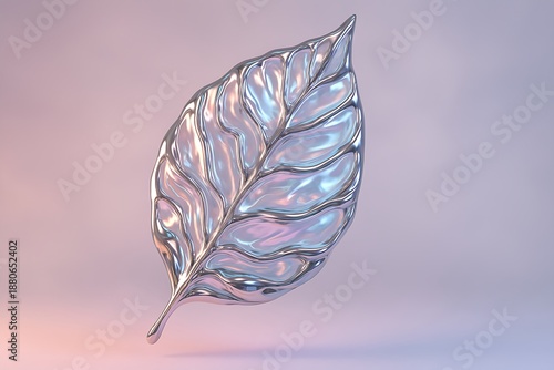 A surreal floating leaf made of liquid chrome and translucent glass, softly glowing with pastel light. The veins and surface appear to ripple like fluid metal. Minimal pastel background
