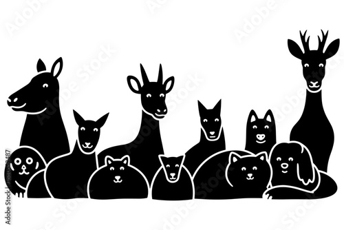 A diverse and harmonious collection of wild and domestic animals, presented in a clean, minimalist black and white illustration, celebrating the beauty of the animal kingdom
