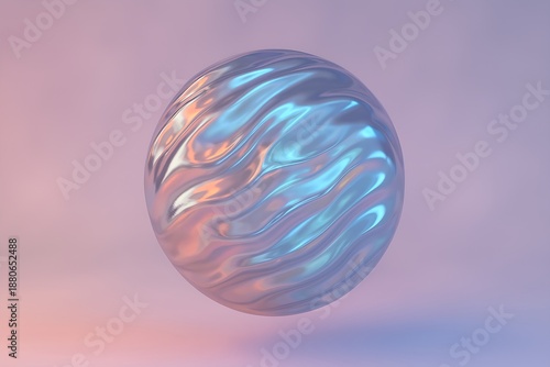 A surreal floating orb made of liquid chrome and translucent glass, softly glowing with pastel light. The surface appears to ripple like fluid metal. Minimal gradient background with soft diffusion.