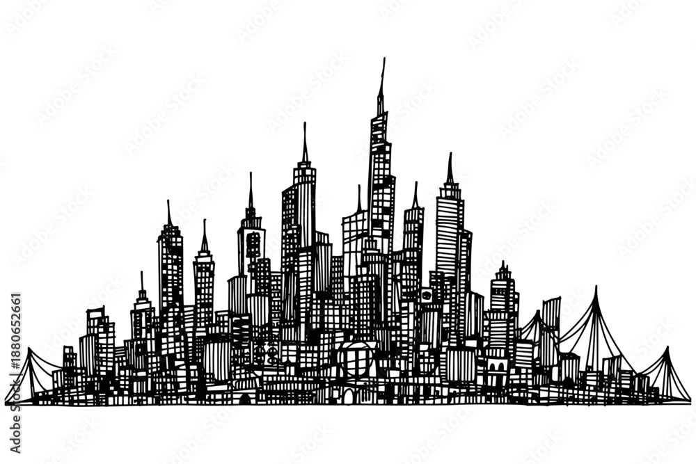 Fototapeta premium Hand-drawn sketch of a sprawling city skyline featuring numerous skyscrapers and bridges, offering a unique perspective on urban architecture