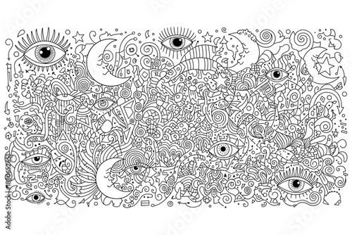An intricate abstract doodle art featuring a whimsical pattern of celestial bodies like moons and stars combined with numerous eyes and swirling abstract shapes, in a black and white monochrome design