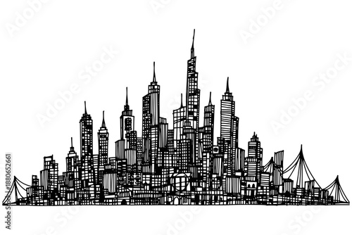 Hand-drawn sketch of a sprawling city skyline featuring numerous skyscrapers and bridges, offering a unique perspective on urban architecture