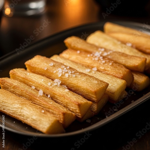 Crispy Fried Yucca Fries with Sea Salt on Dark Platter