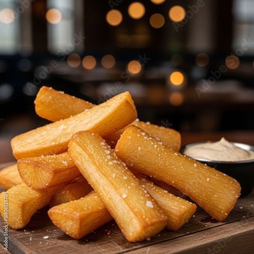 Crispy Thick-Cut Potato Fries with Sea Salt and Dip on Wooden Board