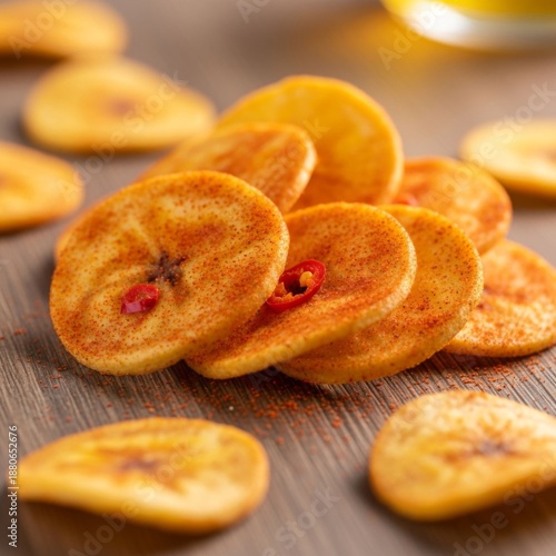 Spicy Banana Chips with Chili Flakes, Crispy Snack Food Close-up