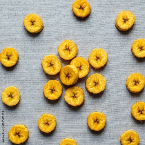 Sliced Plantains Scattered on a Textured Gray Background