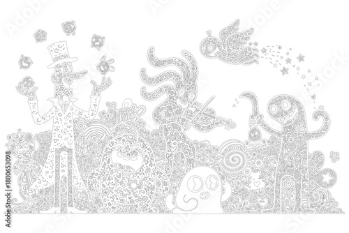 Whimsical and imaginative drawing featuring a surreal scene with fantastical characters and playful elements, perfect for creative projects