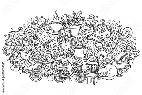 Whimsical Doodle Art of Everyday Objects and Cozy Scenes - A Detailed Line Drawing Illustration of Life's Simple Pleasures and Domestic Comforts
