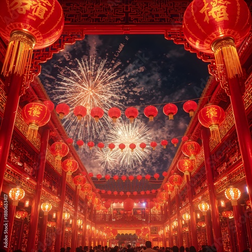 Wallpaper Mural Chinese New Year Night Celebration with Red Lanterns, Fireworks, and Traditional Chinese Temple Architecture.  Torontodigital.ca