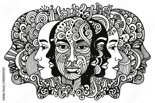 Intricate Abstract Mandala Design Featuring Multiple Human Faces in Profile, Emphasizing Diversity and Inner Complexity of the Mind