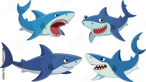 Cartoon shark character set, angry and happy ocean predator icons for marine life design