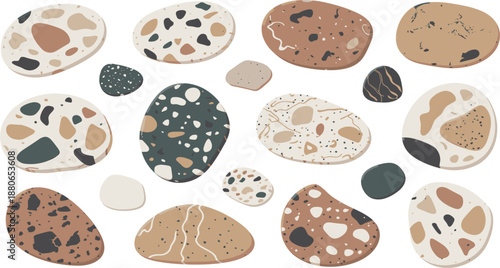 Smooth speckled river stone collection, organic pebble set for natural spa and wellness design
