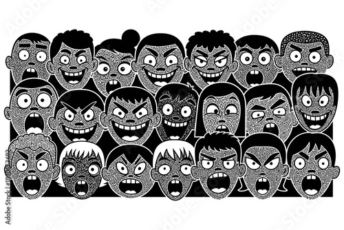 Dynamic monochrome illustration of diverse faces, each bursting with intense, exaggerated human emotions. A vibrant group reflecting powerful feelings, capturing a lively collective spirit