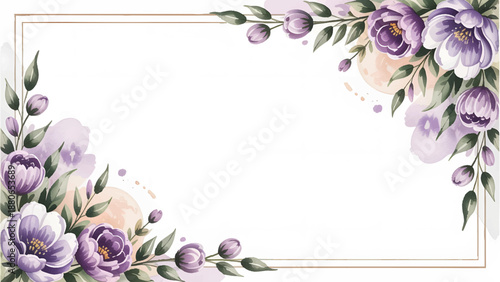 Watercolor Floral Corner Border for Wedding Invitation, Elegant Purple Flower Frame with Gold Line Detail
