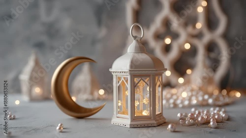 Elegant white lantern with warm light and pearls on a table with moon and lights