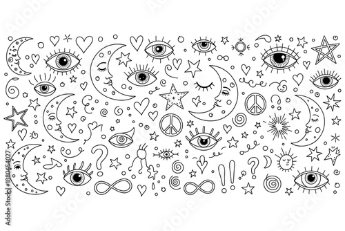 Mystical celestial seamless pattern of crescent moons, suns, stars, eyes, infinity symbols, and peace signs on white background for spiritual and esoteric designs