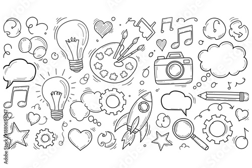 A vibrant collection of hand-drawn icons representing creativity, innovation, and artistic expression, perfect for diverse design projects
