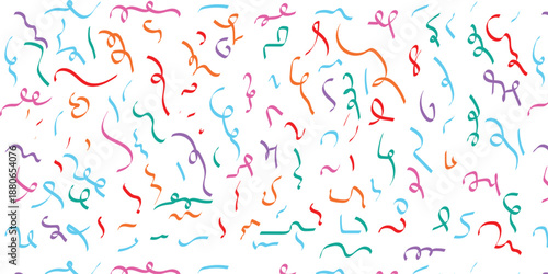Birthday confetti seamless pattern background. Birthday decoration confetti, ribbon element, cute seamless pattern. Fun childish color abstract decoration element background. Vector illustration