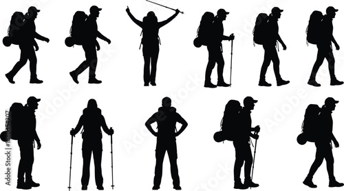 Hiker silhouettes collection, backpack trekking people walking standing poses, mountain hiking adventure outdoor activity isolated white background vector illustration