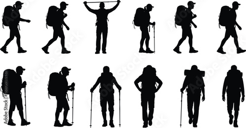 Hiking backpacker silhouettes collection, trekking travelers with poles walking standing poses, outdoor mountain adventure isolated white background vector illustration set