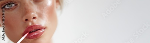 Glossy Lips Applying Nude Pink Lip Gloss Beauty and Cosmetics Macro