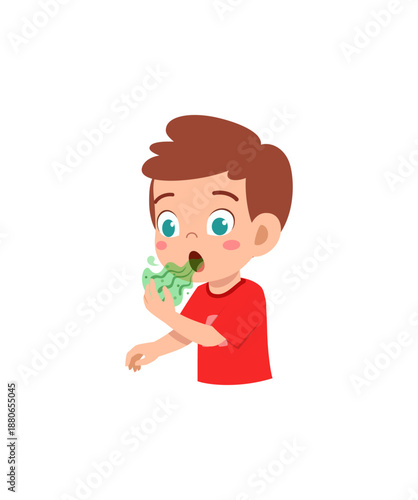 Cartoon-style boy showing discomfort and illness symptoms.
