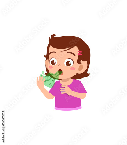 Cartoon-style girl showing discomfort and illness symptoms.