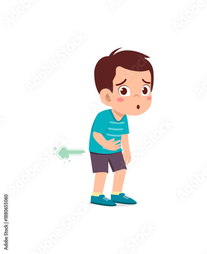 Cartoon-style boy showing discomfort and illness symptoms.