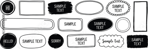 Hand drawn black doodle frame set, sketchy border and label icons for creative design