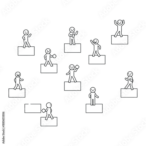 social inequality concept with stick figures on varying blocks depicting emotional states and hierarchical structure for business or educational presentations