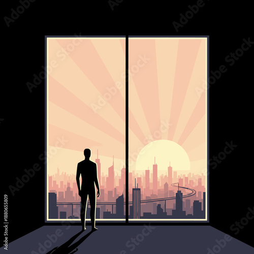 silhouette man looking at a bustling city skyline during sunrise through a large office window contemplating future growth and urban opportunities