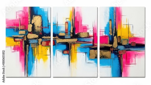 Vibrant abstract art triptych with pink blue and yellow hues