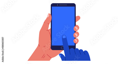 smartphone interaction flat design vector showing a user holding a mobile device and tapping the touch screen essential for digital communication and app uiux.
