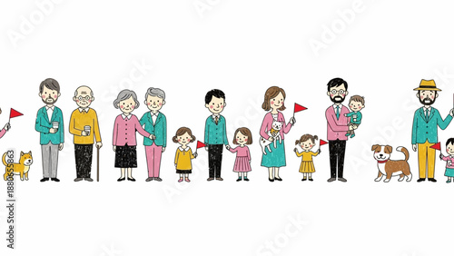 diverse community generations families and pets holding red flags on white depicting unity inclusion demographics.