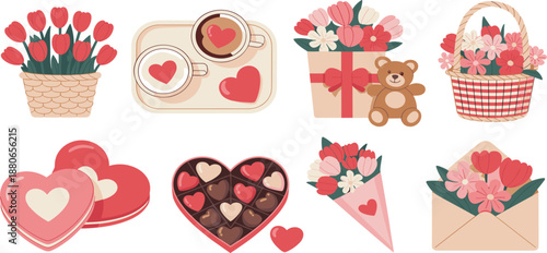 Valentine gift and flower bouquet collection, romantic tulip and chocolate icons for holiday design