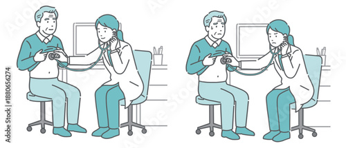 白衣の女性医師による高齢男性の聴診イラストセット（正常・異常/体調不良）