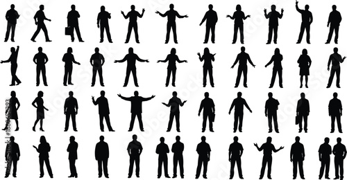 People silhouettes collection, men women expressive gestures talking posing, business casual characters isolated white background vector illustration set